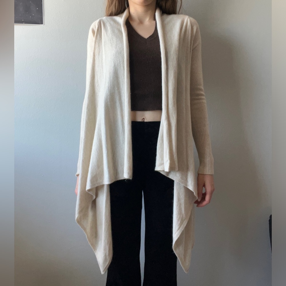 100% Cashmere Cream Open-Front Drape Cardigan Sweater C bloomingdales